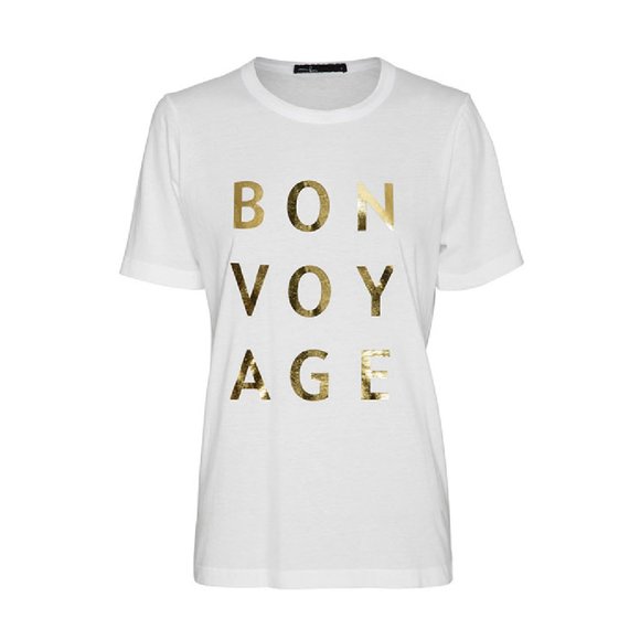 Bon Label Tops - White Organic Cotton Tee with Bon Voyage Gold Print New